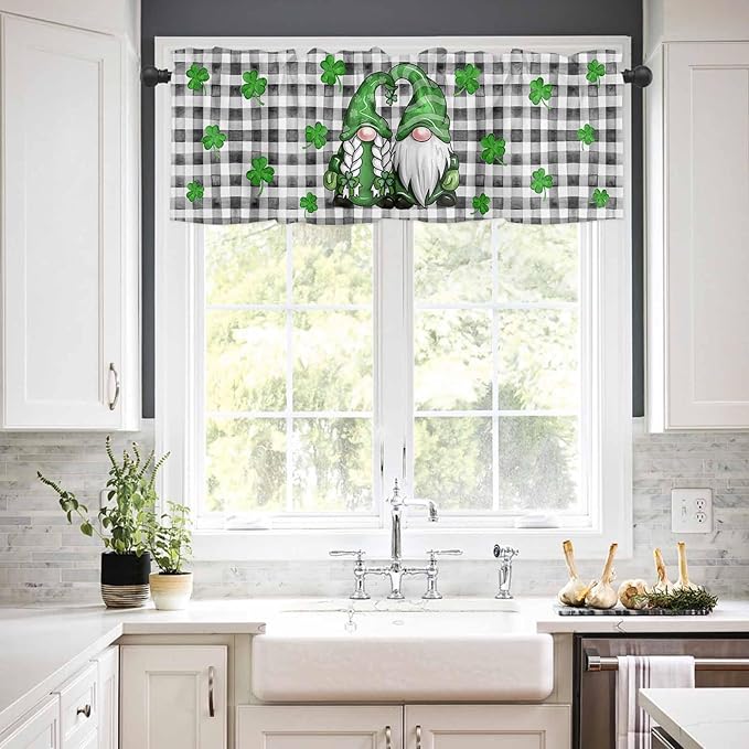 St. Patrick's Day Kitchen Curtains and Valances Set, Buffalo Plaid Shamrock Gnome Window Tiers Spring Holiday Farmhouse Decor Half/Short Curtains for Small Windows Cafe /Living Room/ Bedroom 54x 36
