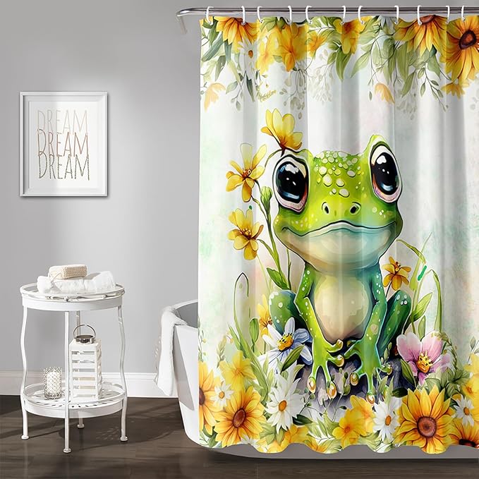 AILONEN Green Frog Shower Curtain,Cute Cartoon Frog Waterproof Fabric Shower Curtain for Bathroom,Beautiful Sunflower Kawaii Tree Frog Shower Curtain Set with Hooks for Kids Boys Girls,72" W*84" H