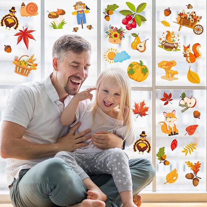 Fall Window Clings Autumn Maple Leaf Window Static Stickers Double-Sided Leaves Pumpkin Turkey Window Door Cling Removable Reusable Window Stickers Thanksgiving Party Window Door Decor