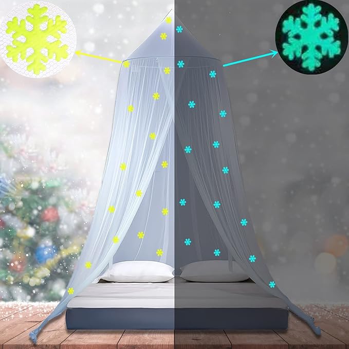 Eimilaly Princess Bed Canopy Glow in The Dark, Christmas Snowflakes Bed Canopy for Girls Room Decor, Encrypted Fabric, Purple