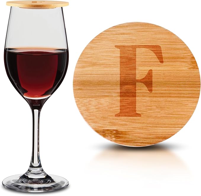 Personalized Wine Glass Charcuterie Topper - Custom Laser Engraved Initial Bamboo Wine Glass Topper Stopper Coasters Plate ID Identification Wine Glass Charcuterie Board Topper (Letter F)