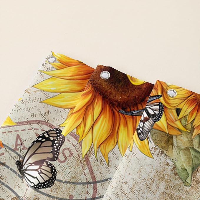 AILONEN Girls Sunflower Shower Curtain,Butterfly Sunflower Bath Curtain for Kids Women,Vintage Yellow Flower Decor Bathroom Curtain with 12 Plastic Hooks, 36" W x 72" H