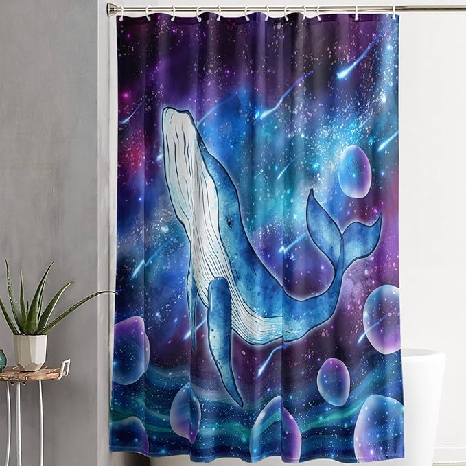 AILONEN Cartoon Blue Whale Shower Curtain,Swimming Whale Fabric Shower Curtains for Bathroom,Starry Night Bathroom Curtains for Kids Girls Boys,Fantasy Whale Bath Curtain Set, 36" W*72" H