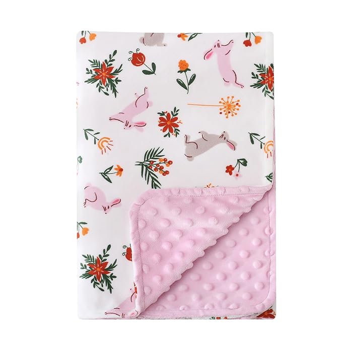 DaysU Silky Micro Soft Plush Baby Blankets for Girls with Print Rabbit Pattern and Soothing Raised Dots, Double Layer Bed Throws for Baby Crib, Rabbit, Pink, 30x40 Inches