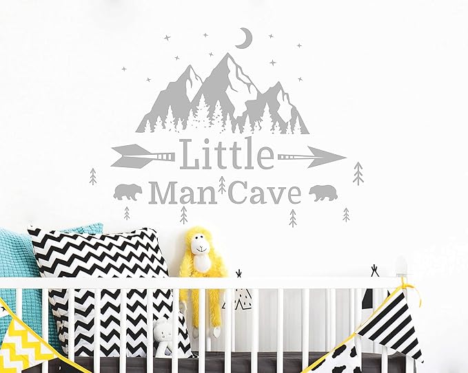 Little Man Cave Mountains Vinyl Decals, Landscape with Animals Stickers, Mountain Moon Stars Decal for Nursery Room,Kids Décor A9 (State Gray)