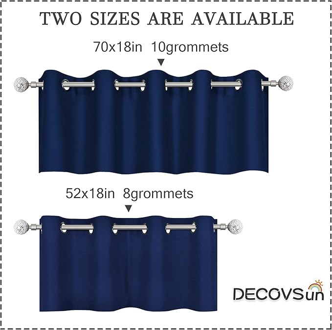 DECOVSU Navy Blue Window Valance for Kitchen 70x18 Inch Solid Blackout Thermal Insulated Grommet Valance for Bedrooom Living Room Extra Wide 1 Panel
