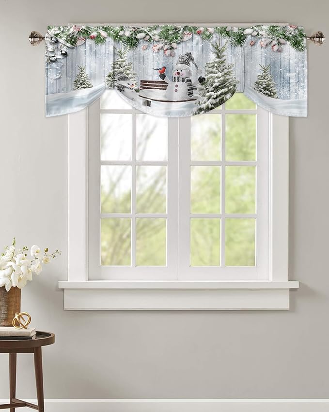 Merry Christmas Blackout Tie Up Valance Curtains for Kitchen Windows Xmas Snowman Snowy Pine Tree Window Toppers Balloon Shades for Living Room/Bathroom/Bedroom,1 Panel, 42" X 12", Blue Winter