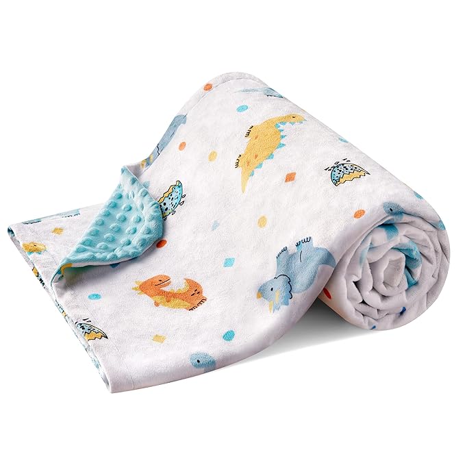 DaysU Silky Micro Soft Plush Baby Blankets for Boys with Print Animal Pattern and Soothing Raised Dots, Double Layer Bed Throws for Toddler Cot, Dinosaur, Aqua Blue, 50x60 Inches