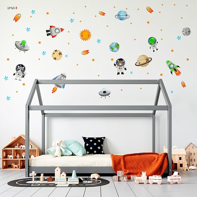Solar System Wall Decals for Kids by Lipastick - Space Animal Wall Stickers Boys Room Playroom - Galaxy Wall Decor - Kids Vinyl Wall Decal Peel and Stick - Outer Space Nursery Decoration S Size