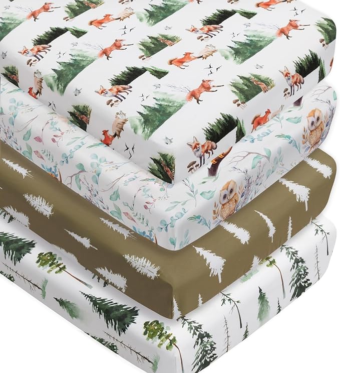 4 Pack Woodland Forest Animals Wood Neutral Unisex Fitted Baby Crib Sheets Set for Baby Boys or Girls (Paint Fox, 52 * 28)