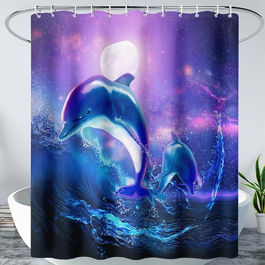 AILONEN Catrtoon Dolphin Shower Curtain Bathroom 36" W*72" H Blue Starry Sky Sea Water Cloth Fabric Bathroom for Kids Girls,Jumping Dolphin with Moon Shower Curtain Set