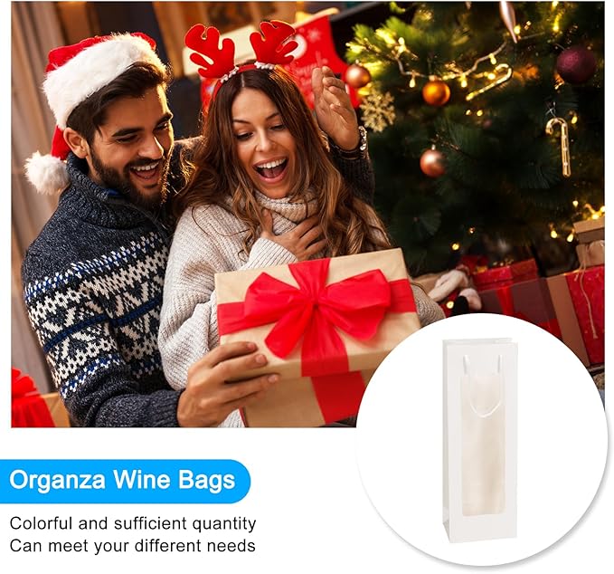 uxcell Wine Bags, 20pcs 4.92"x3.35"x14.2" Wine Gift Bags with Rope Handles, Paper Wine Tote Bag with Clear Window for Wedding Birthday Christmas Party Supplies, White
