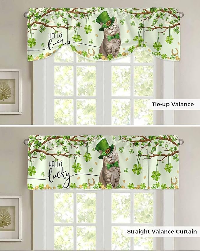 Lucky Cat St. Patrick's Day Blackout Tie Up Valance Curtains for Kitchen Windows Green Spring Shamrocks Tree Window Toppers Balloon Shades for Living Room/Bathroom/Bedroom,1 Panel, 60" X 18"
