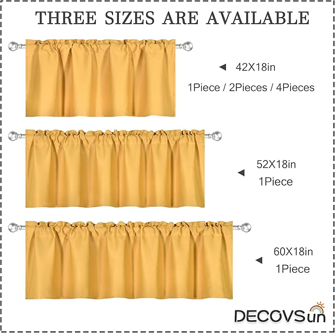Gold Yellow Valance for Windows 42x18 Inch Solid Thermal Insulated Blackout Rod Pocket Kitchen Short Curtain Toppers Valance for Bathroom Living Room 2 Panels