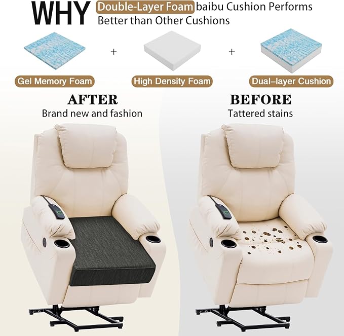 baibu 18"x 18"x 4" Dual-Layer Gel Memory Foam Chair Seat Cushion for Recliners, Couches, Armchairs, Extra Large Non-Slip Chair Cushions for Seniors, Washable, Black