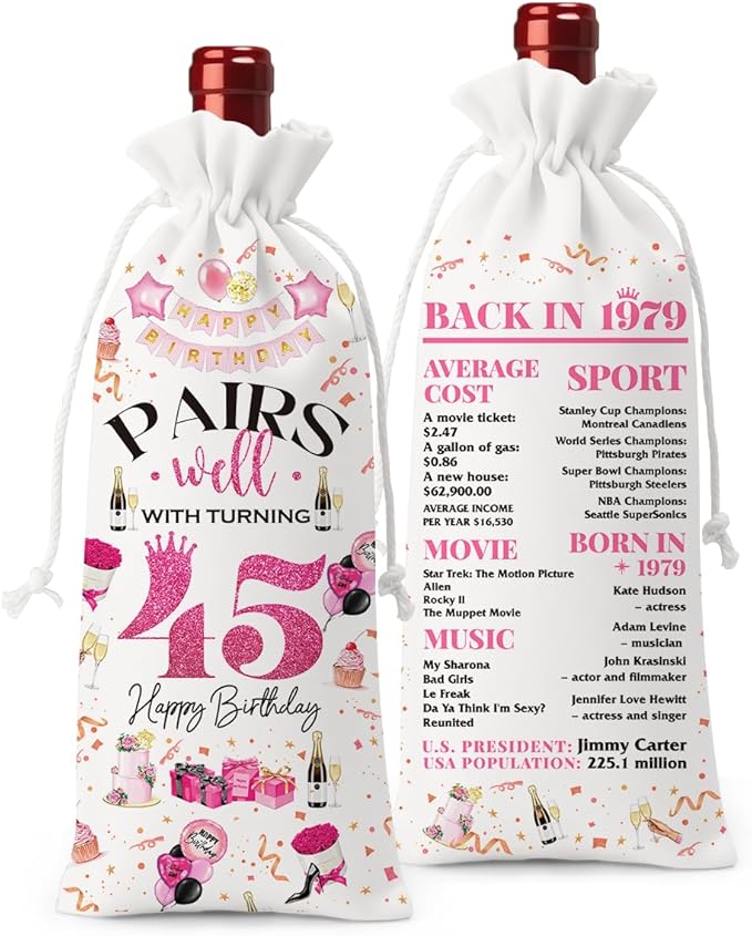 45th Birthday Gifts for Women Men Wine Bag, 45 Year Old Birthday Gifts for Men, 45th Birthday Party Decorations for Women Men, Pairs Well with Turning 45 Wine Bags (White Pink)
