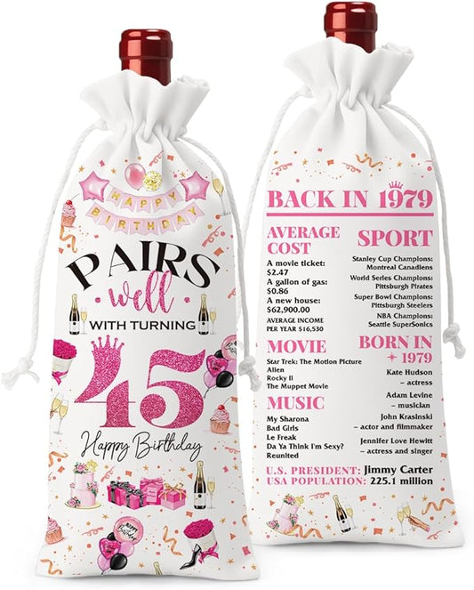 45th Birthday Gifts for Women Men Wine Bag, 45 Year Old Birthday Gifts for Men, 45th Birthday Party Decorations for Women Men, Pairs Well with Turning 45 Wine Bags (White Pink)