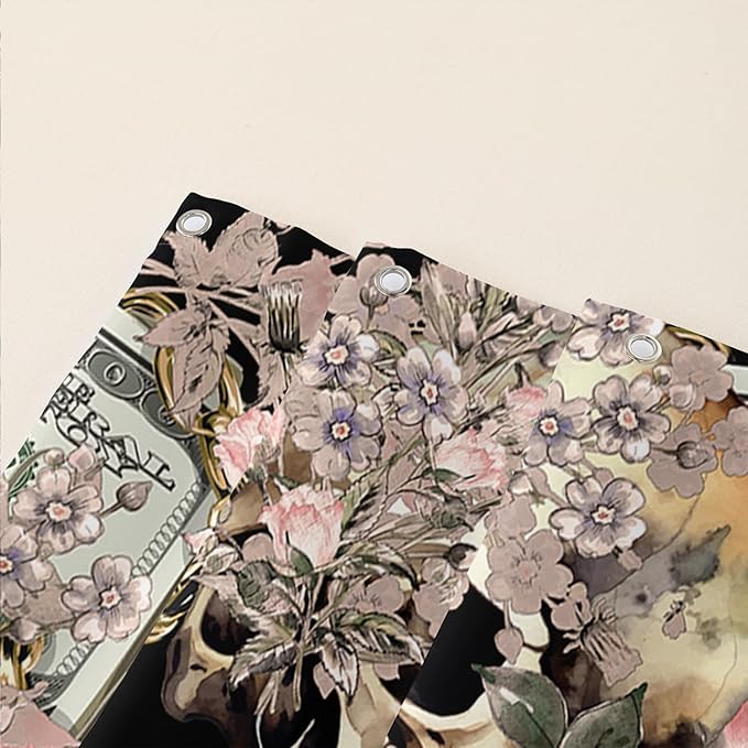 AILONEN Sugar Skull Shower Curtain for Bathroom,Romantic Rose Flower Bath Curtain for Girls Women,Money Skull Skeleton Print Waterproof Curtain with 12 Plastic Hooks, 72" W*78" H