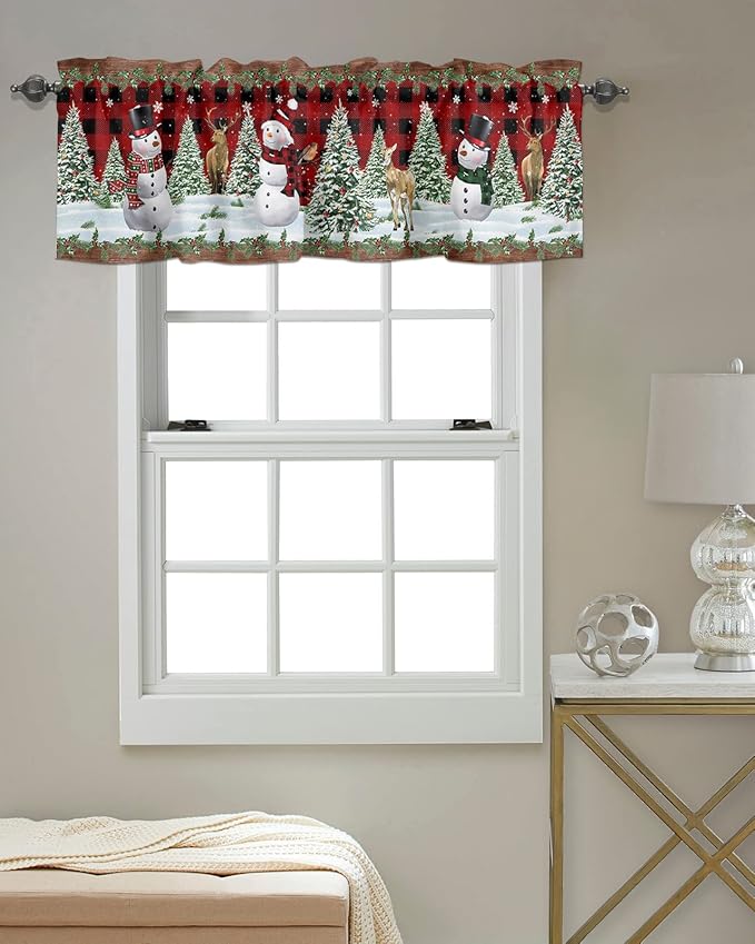Vandarllin Christmas Snowman Kitchen Curtains Valances for Windows Christmas Tree Rod Pocket Window Treatment for Kitchen/Living Room/Bedroom/Bathroom,60" X 18" -1 Panel, Red Xmas Snowy Winter