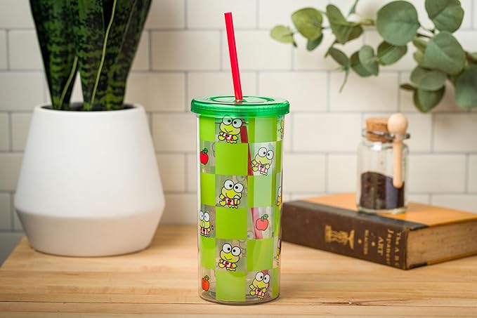 Silver Buffalo Sanrio Hello Kitty and Friends Keroppi Green Checkered Plastic Cold Cup with Lid and Straw, 20 Ounces