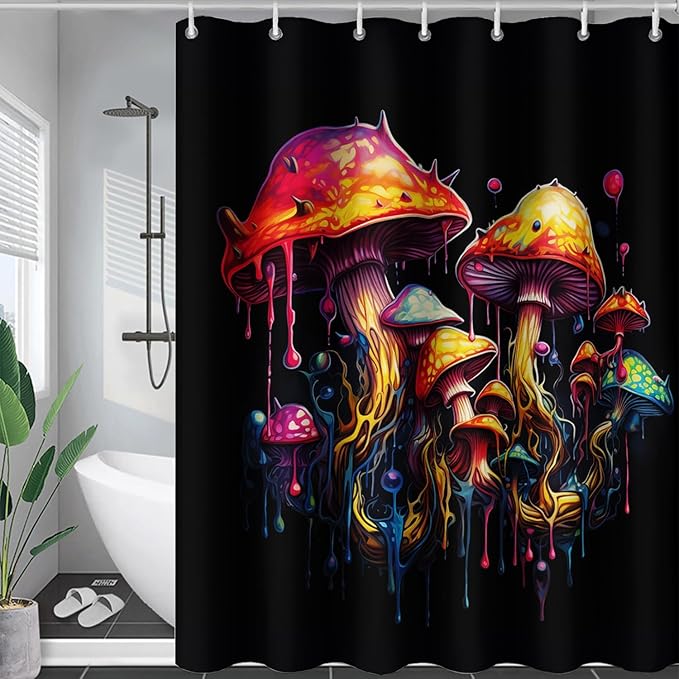 AILONEN Mushroom Shower Curtain,Oil Painting Mushroom Bath Curtain,Cartoon Mushroom Magic Fungus Print Black Waterproof Shower Curtain with 12 Plastic Hooks, 72" W x 96" H