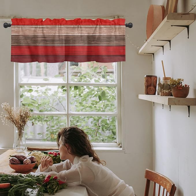 Farmhouse Kitchen Curtains Valances for Windows , Christmas Red Brown Rod Pocket Country Window Treatment for Kitchen /Living Room/Bedroom/ Bathroom,42" X 18" -1 Panel, Retro Rustic Barn Wood Texture