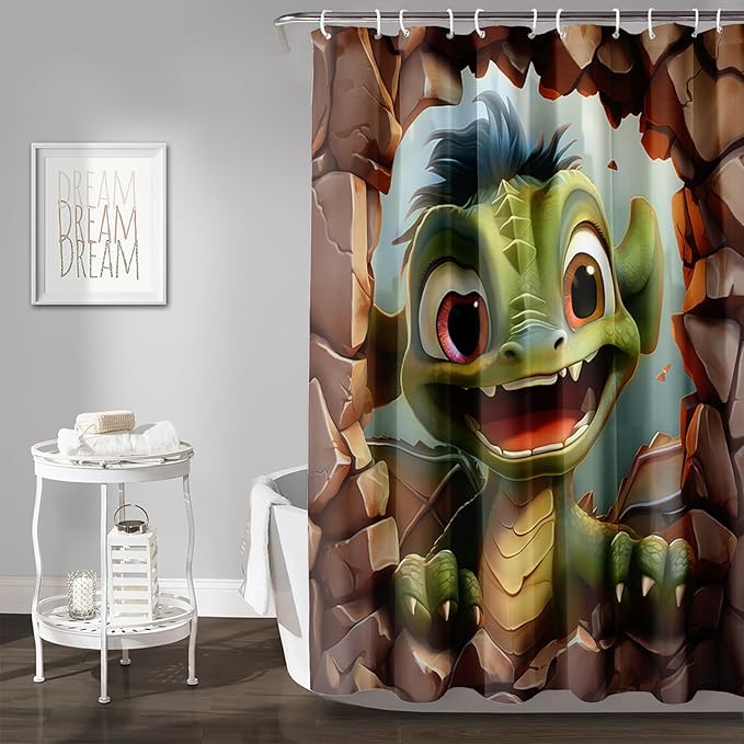AILONEN Cartoon Dinosaur Shower Curtain for Kids,Funny Green Dinosaur Shower Curtain for Bathroom,Girls,Cute Animal Shower Curtain Set with Hooks,72" W*72" H