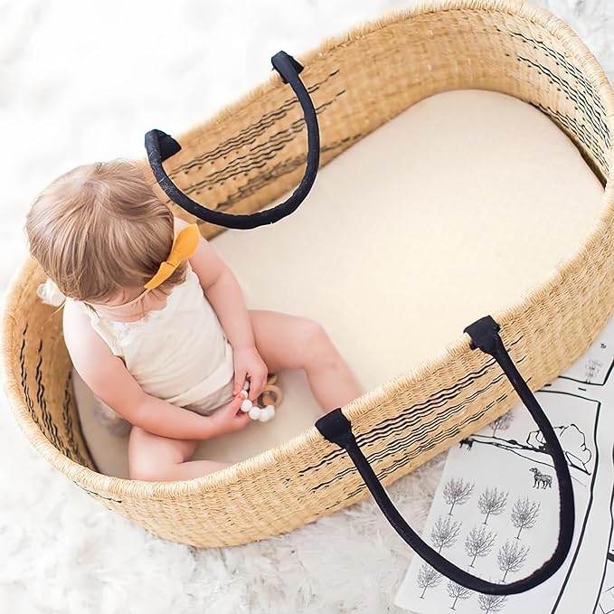 GRSSDER Stretchy Ultra Soft Fitted Bassinet Sheet 2 Pack, Universal Fit for Bassinets Baby Cradle Moses Basket Oval Rectangle Mattress Safe and Snug, Jersey Bassinet Sheets for Girls, Cream/Beige