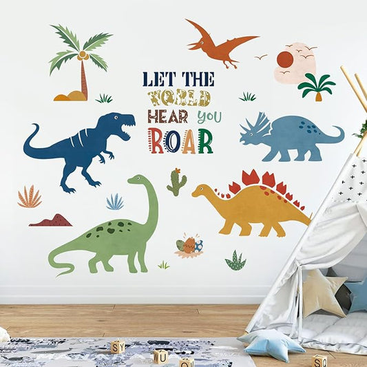 decalmile Boho Dinosaur Wall Decals Dino Palm Tree Wall Stickers Baby Nursery Boys Bedroom Playroom Wall Decor Gifts for Kids