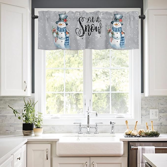 Snowman Christmas Valance Curtains for Kitchen Windows Let It Snow Winter Holiday Rod Pocket Window Treatment Toppers for Kitchen/Living Room/Bedroom/Bathroom, 60" X 18", Grey White