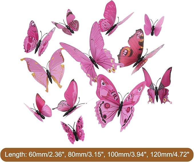 uxcell 120Pcs 3D Beautiful Butterfly Removable DIY Wall Stickers for Bedroom Living Room TV Background Decorations, Pink