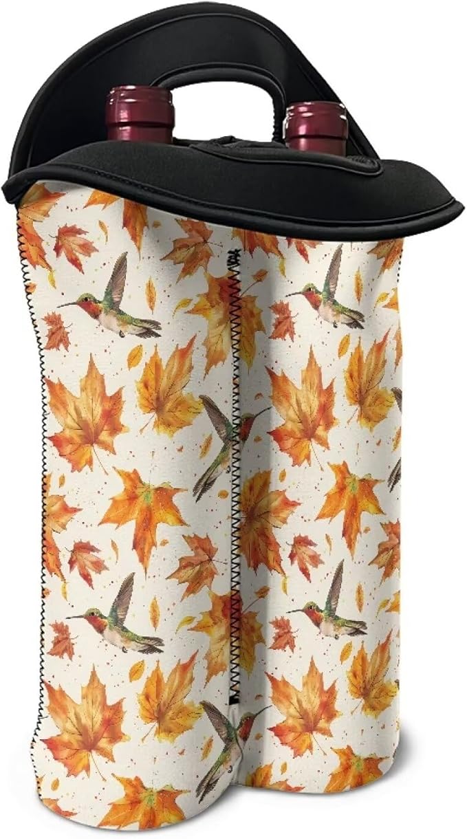 doginthehole 2 Bottle Wine Carrier Tote Fall Maple Leaves Hummingbirds Print Wine Bag 750ML Portable Neoprene Wine Bottle Travel Protector Champagne Bag with Handle for Picnic, Thanksgiving Party
