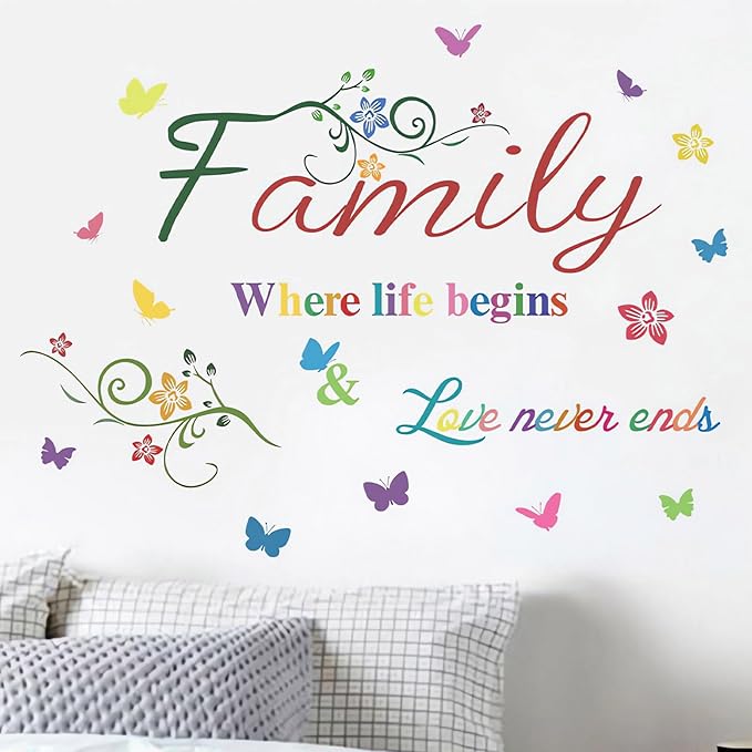 Family Wall Sticker, Inspirational Wall Decor Home Wall Decoration Warm Quotes Sticker Waterproof Removable Butterfly Sticker Letter Word Decal for Bedroom Dining Room Kitchen Wall Art Decor(Colorful)