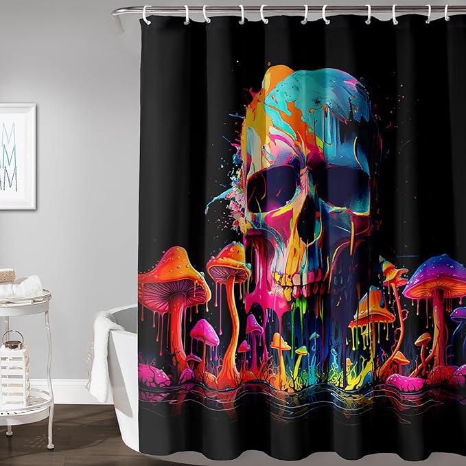 AILONEN Mushroom Skull Shower Curtain for Bathroom, 3D Oil Painting Mushroom Skull Bath Curtain for Kids Boys Girls,Modern Abstract Print Waterproof Black Curtain with 12 Plastic Hooks, 72" W*96" H