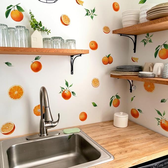 Fruit Orange Wall Decals，Orange Wall Stickers，Tangerine Fruit and Leaves Decal，Vinyl Wall Decals for Bedroom Living Room Nursery Wall Decor Wall Art(Orange)