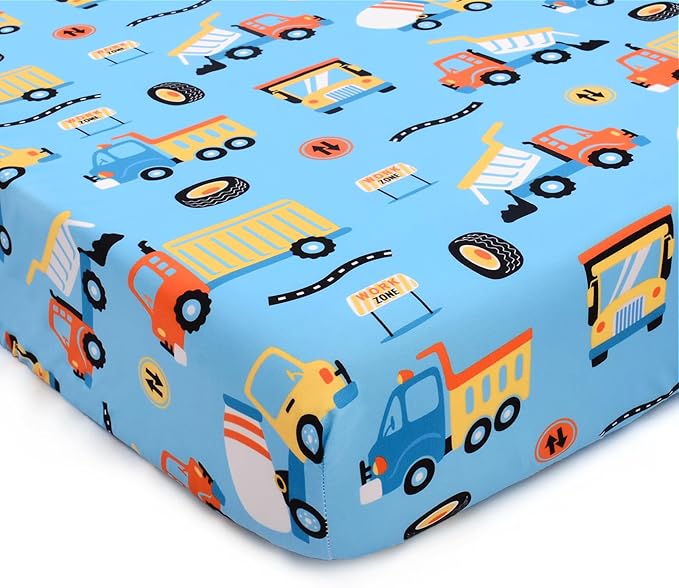 JISEN Baby Crib Sheets Soft Breathable Fitted Crib Sheets Baby Sheet for Standard Crib and Toddler Mattress Baby Bed Sheets for Crib for Baby Boys Girls Neutral 52x28 Inch Blue Trucks