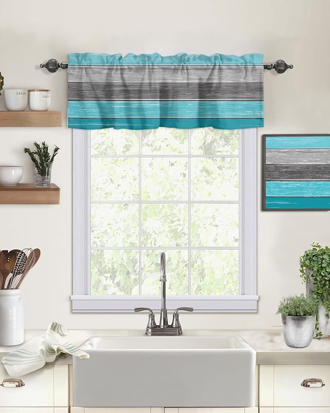 Farmhouse Kitchen Curtains Valances for Windows , Aqua Blue Gray Rod Pocket Country Window Treatment for Kitchen /Living Room/Bedroom/ Bathroom,42" X 12" -1 Panel, Retro Rustic Barn Wood Texture