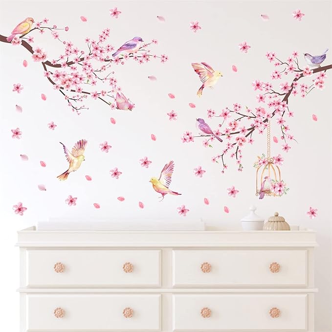 Cherry Blossom Wall Decal Peel and Stick Wall Art Decals Pink Flower Wall Decals Tree Branch Birds Wall Stickers Spring Cherry Flowers Wall Decals for Living Room Bedroom Kitchen Nursery Window Decor