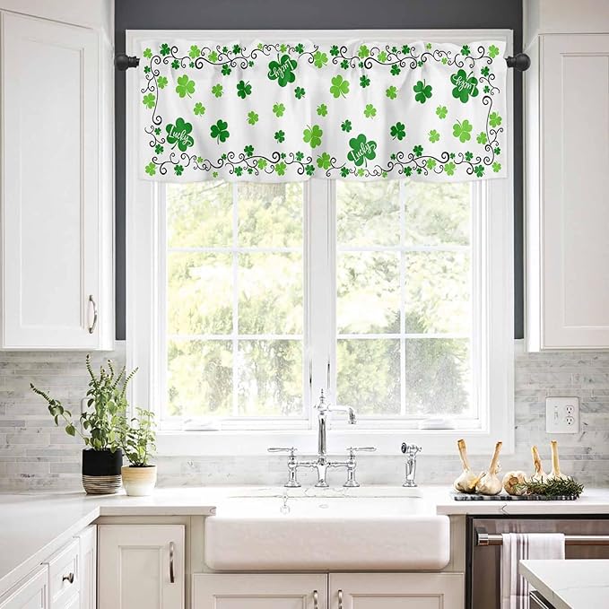 St. Patrick's Day Kitchen Curtains and Valances Set, Green Shamrock Irish Clover Window Tiers Seasonal Spring Holiday Half/Short Curtains for Small Windows Cafe /Living Room/ Bedroom 54x24 in
