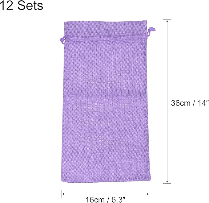 uxcell Burlap Wine Bags with Drawstrings, 12Pcs Wine Gift Bags Reusable Wine Bottle Bags with Ropes and Tags for Wedding, Birthday, Travel (14 x 6.3 In, Light Purple)