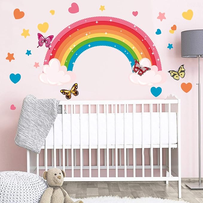 Rainbow Wall Decals Colourful Butterflies Cloud Wall Stickers Large Rainbow Removable Wall Art Murals Peel and Stick Wall Decoration for Bedroom Living Room Kids Bedroom Baby Nursery