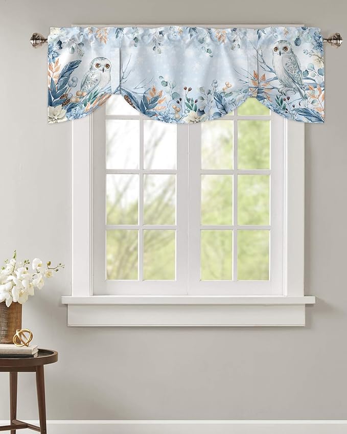 Blue Christmas Blackout Tie Up Valance Curtains for Kitchen Windows Winter Snowy Owl Poinsettia Eucalyptus Leaves Window Toppers Balloon Shades for Living Room/Bathroom/Bedroom,1 Panel, 54" X 18",