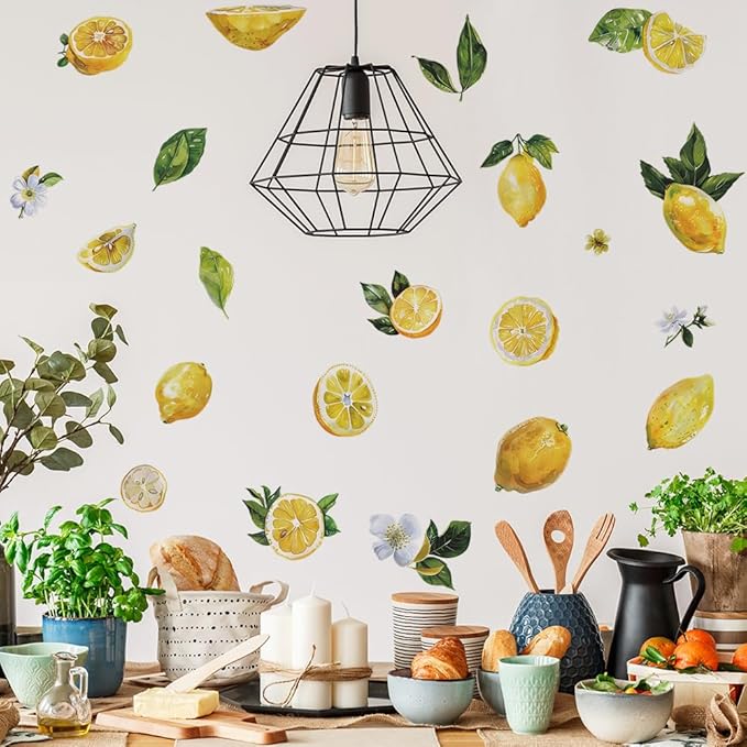 Lemon Wall Decals Fruit Lemon Wall Stickers Peel and Stick Wall Art Decals for Kitchen Cabinet Window Country Restaurant Dining Room Refrigerator Decor