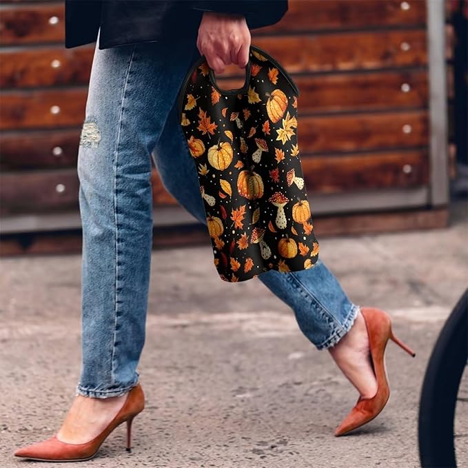 doginthehole 2 Bottle Wine Bag Tote Bag, Fall Maple Leaf Pumpkin Mushroom Neoprene Wine Carrier Tote Bag, Wine Bag for Wine Bottle, Beer Bottle and Water Bottle, Thanksgiving Day Decorations