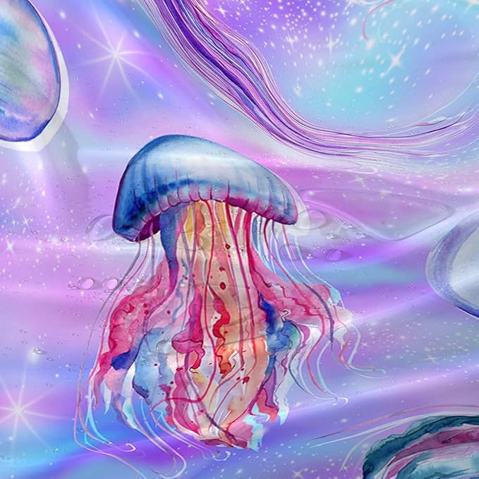 AILONEN Jellyfish Shower Curtain,Cartoon Sea Animal Jellyfish Bath Curtain Set for Kids Girls,Tie Dye Starry Night Fabric Shower Curtains for Bathroom, 72" W*96" H