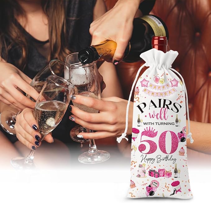50th Birthday Gifts for Her Him Wine Bag, 50 Year Old Birthday Gifts for Women, 50 Year Old Birthday Party Decorations for Women, Pairs Well with Turning 50 Wine Bag (White Pink)