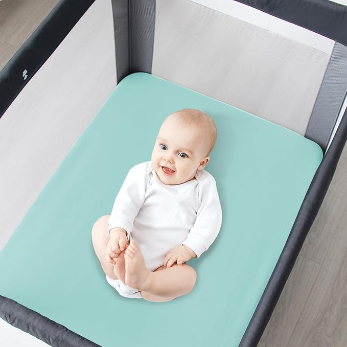 Waterproof Pack and Play Sheets Fitted 2 Pack, Compatible with Graco Pack n Play Sheets 38" X 26" Fits for Baby Playpen/Playard Mattress, Mini Crib Sheets for Boys or Girls, Grey & Aqua Blue