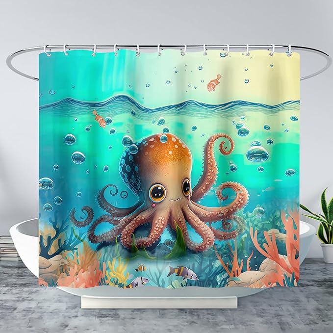 AILONEN Cute Cartoon Octopus Shower Curtain,Beautiful Sea World Theme theme Bath Curtain Cloth Fabric Bathroom 72" W*84" H Inch,12 Pack Hooks for Kids Child Sea Animal Bathroom Curtain