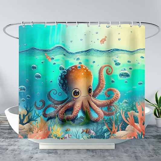 AILONEN Cute Cartoon Octopus Shower Curtain,Beautiful Sea World Theme theme Bath Curtain Cloth Fabric Bathroom 36" W*72" H Inch,12 Pack Hooks for Kids Child Sea Animal Bathroom Curtain