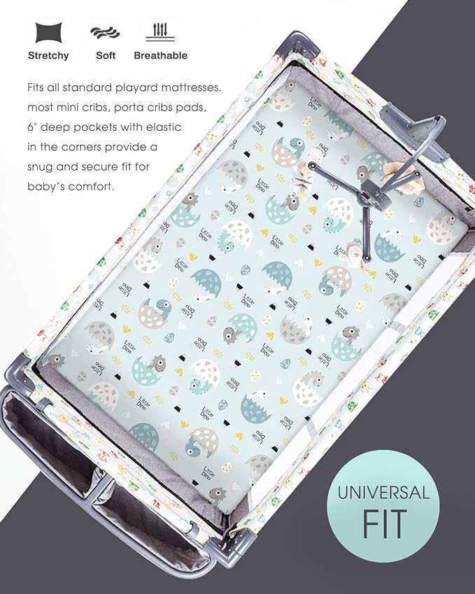 GRSSDER Stretchy Ultra Soft Jersey Knit Fitted Pack n Play Sheets Set 2 Pack, Portable/Mini Crib Sheets for Boys, Universal Fit for Pack N Plays Safe and Snug, Happy Dinosaurs for Baby